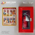 Fire safety poster and red fire extinguisher cabinet on a wall with 'Race/Pass Fire Safety' branding.